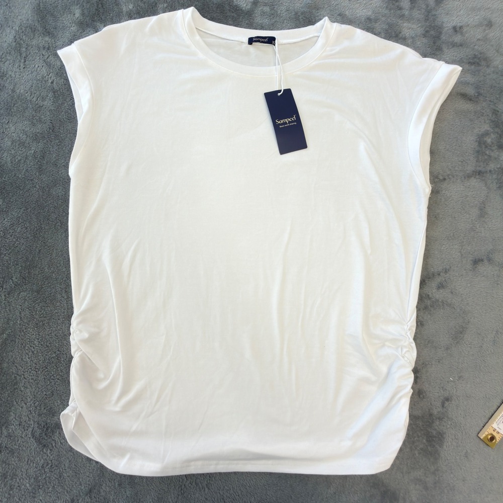 Sampeel Womens‎ White Ruched Side Cap Sleeve Crew Neck Tee Top XL New